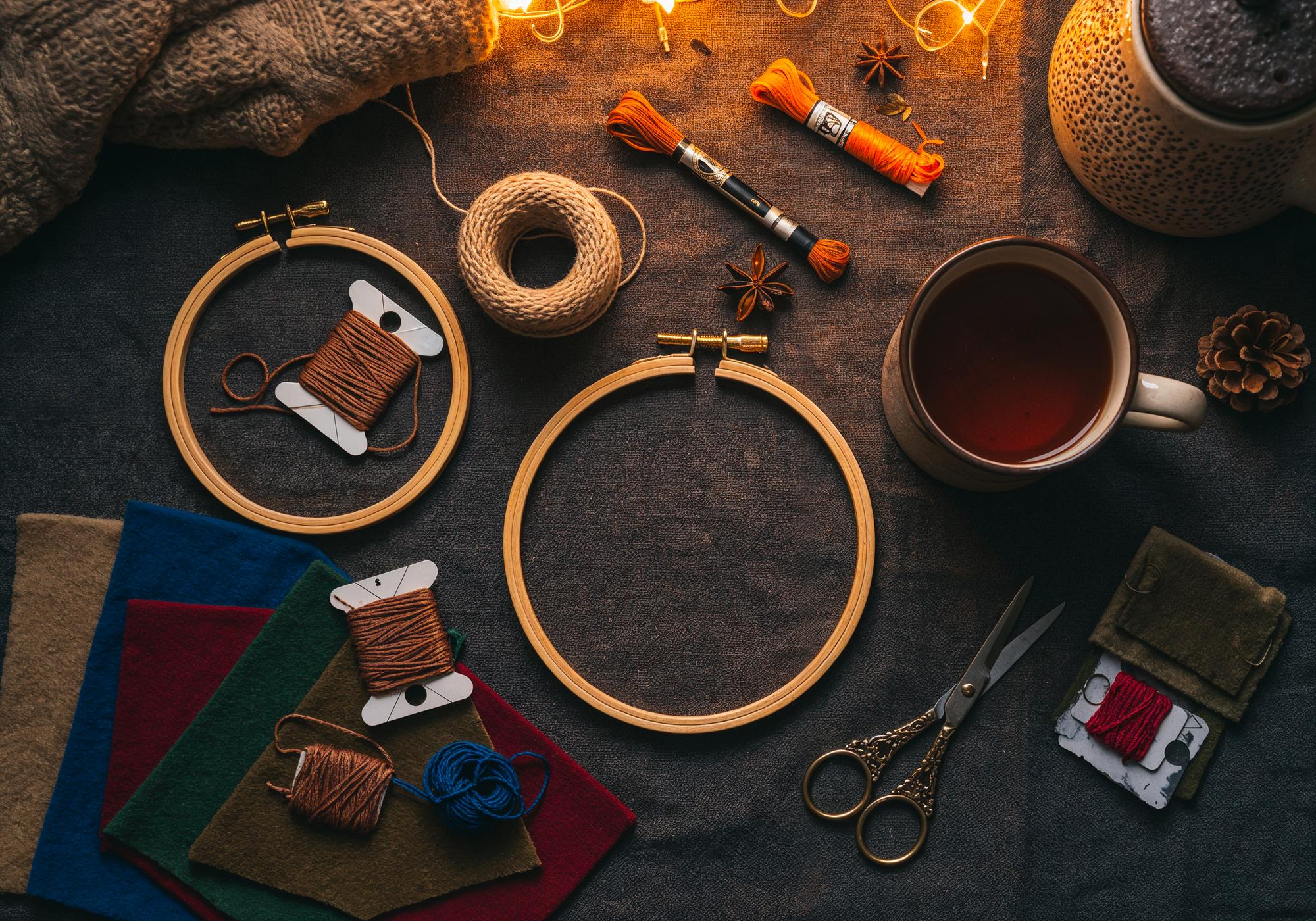 studio table with threads and hoops